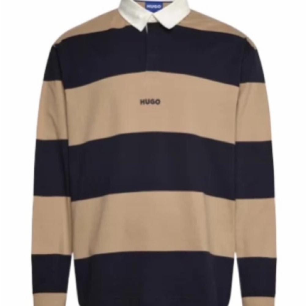 HUGO Men's Navy and Tan Striped Collared Polo Shirt XL